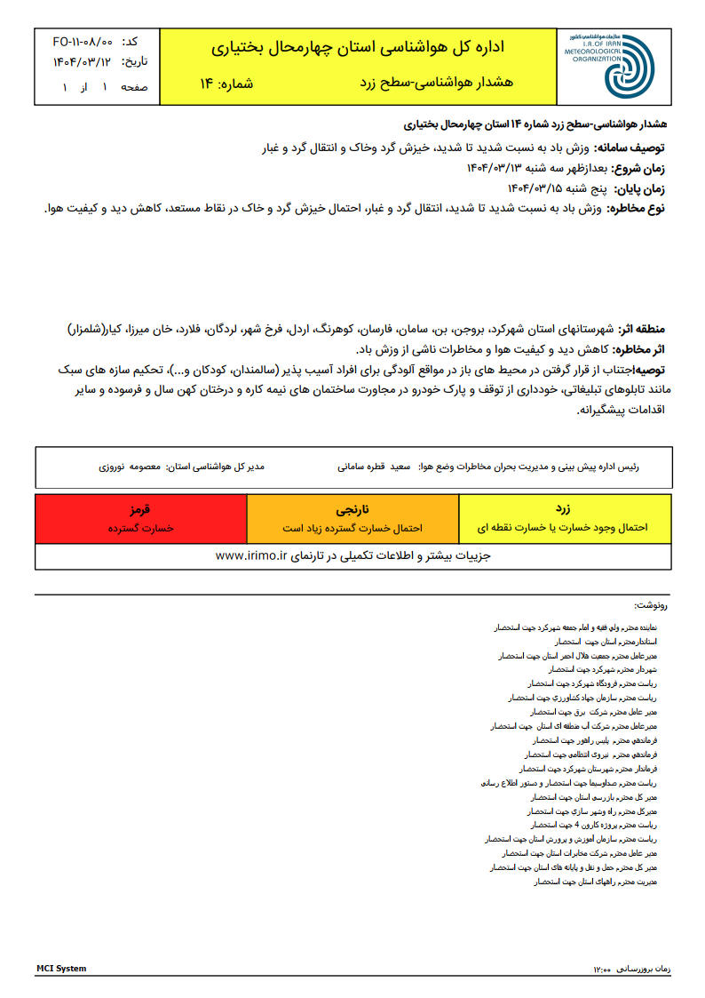 هشدار هواشناسی زرد