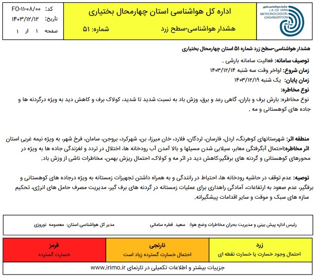 هشدار هواشناسی - سطح زرد شماره 51