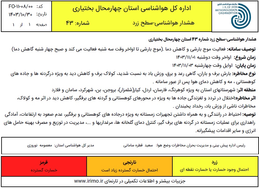 هشدار هواشناسی - سطح زرد شماره 43