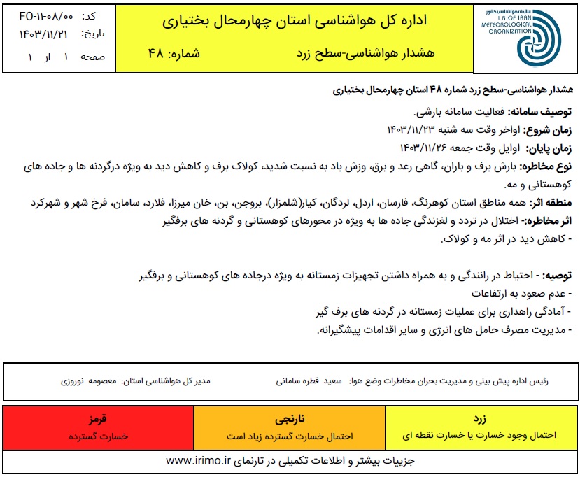 هشدار هواشناسی - سطح زرد شماره 48