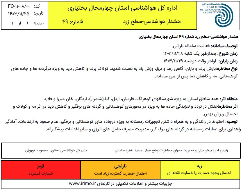 هشدار هواشناسی - سطح زرد شماره 49